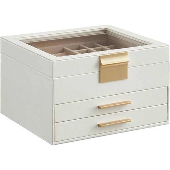 Jewelry Box Organizer 3 Layer Storage Glass Lid Drawers White Gold Jewelry Case